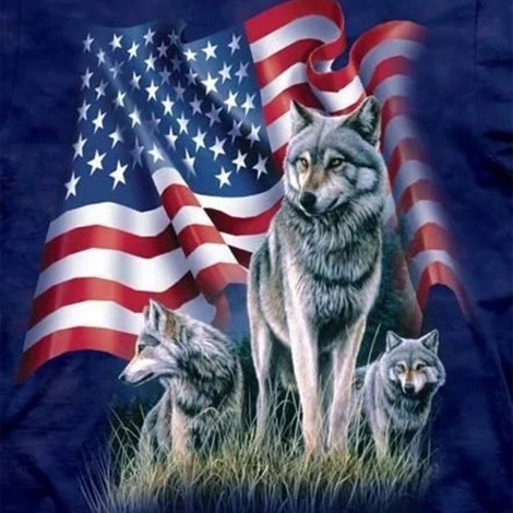 American Flag Wolf-Full Round Diamond Painting