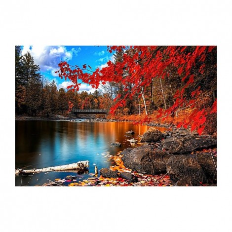 Fall Leaves Lake - Full Round Diamond Painting