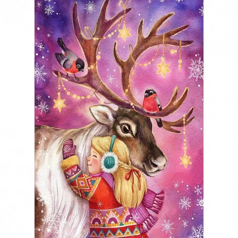Girl Hug Deer - Full Round Diamond Painting