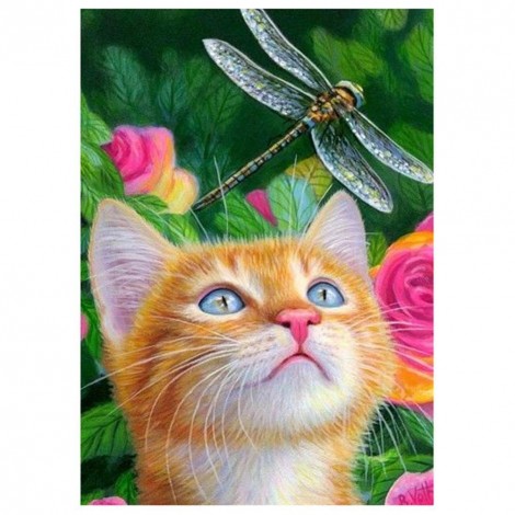 Cat Dragonfly - Full Round Diamond Painting