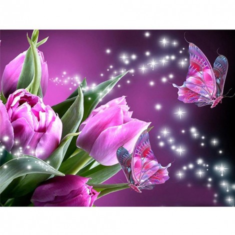 Butterfly Flowers - Full Round Diamond Painting