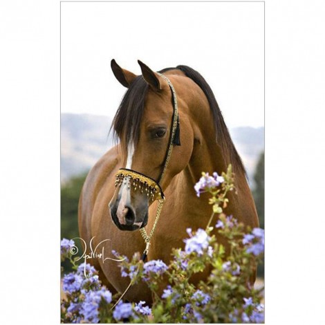 Silence Horse Flowers - Full Round Diamond Painting