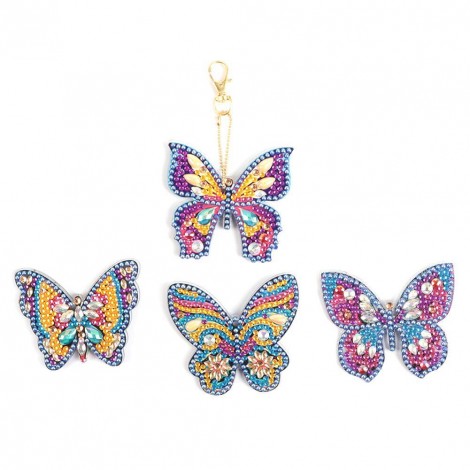 4pcs Butterfly 5D Full Drill Special Diamond Painting Key Chain Key Ring