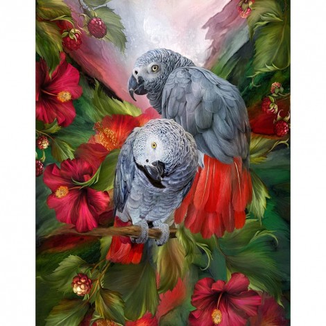 Gray Parrots Flower - Full Round Diamond Painting